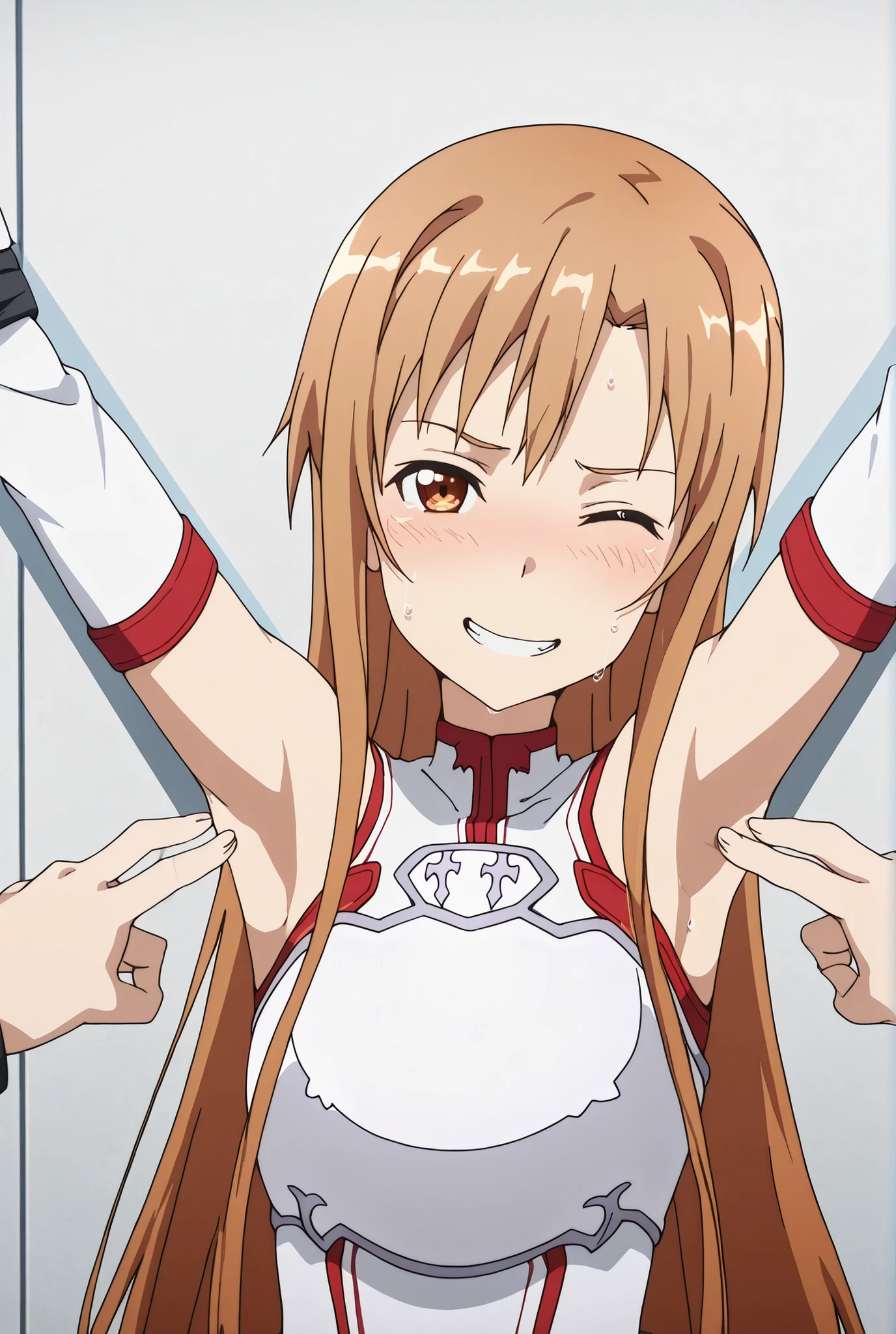 masterpiece, best quality, amazing quality, anime screencap, anime coloring, 1girl, solo, Yuuki Asuna, Yuuki Asuna SAO costume, White Armor, White plate, White isolated sleeve, (character), long hair, detached sleeves, bare shoulders, arms out, restrained, tickling, armpit tickling, armpit, exposed armpit, sweaty, asuna in the center, head turned to look at viewer, looking at viewer, smile, gritting teeth, one eye closed, slight blush, white wall background, armpit shadow, stuffy,