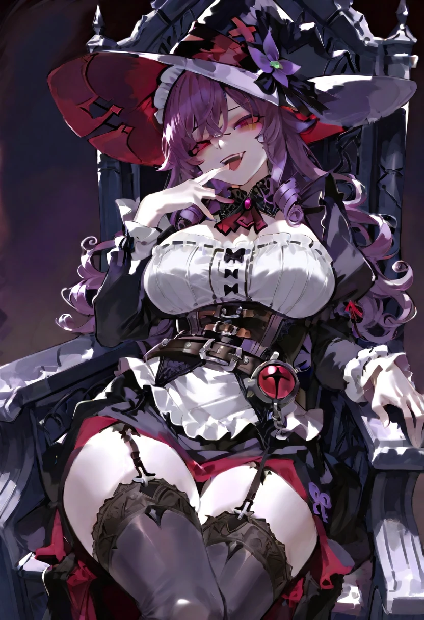 (masterpiece:1.2), (best quality:1.2), (sharp detail:1.2) highres, absurdres, best quality, intricate, ultra-detailed, 8k wallpaper, perfect face, beautiful detailed eyes, calliope mori, solo, 1girl, (smug:1.2), pink eyes, smile, grin, sitting on throne, legs crossed, camera looking up, camera on ground, Her looking down