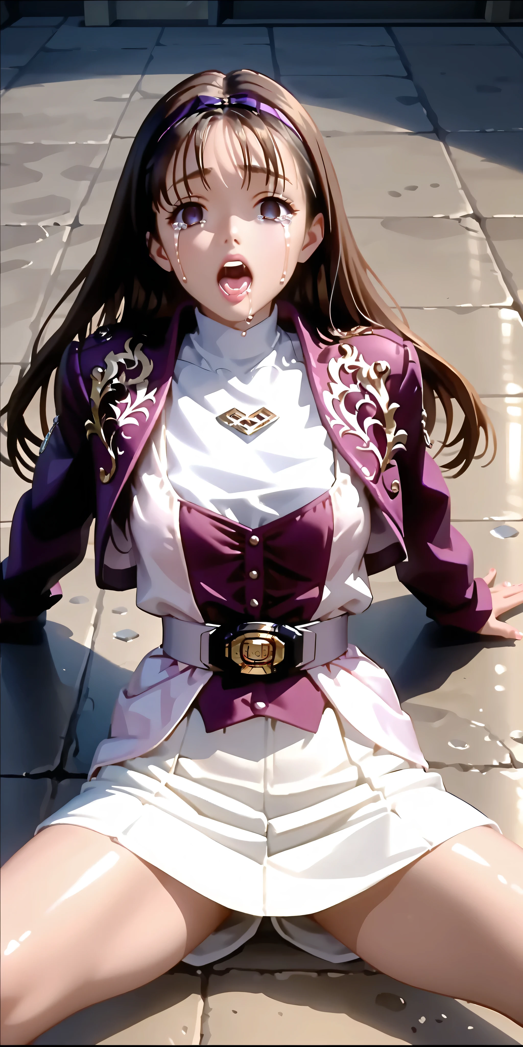 (High definition CG), (top quality), ((direct point of view)),in a dark prison,lies on the ground on her back,one woman,perfect face, wide hips, thin waist, ,purple bolero jacket,((white skirt)),long sleeve, Pink Belt, straight and long hair , brown hair, ((( empty eyes ))),is crying,and my mouth is open,Spread your legs,
