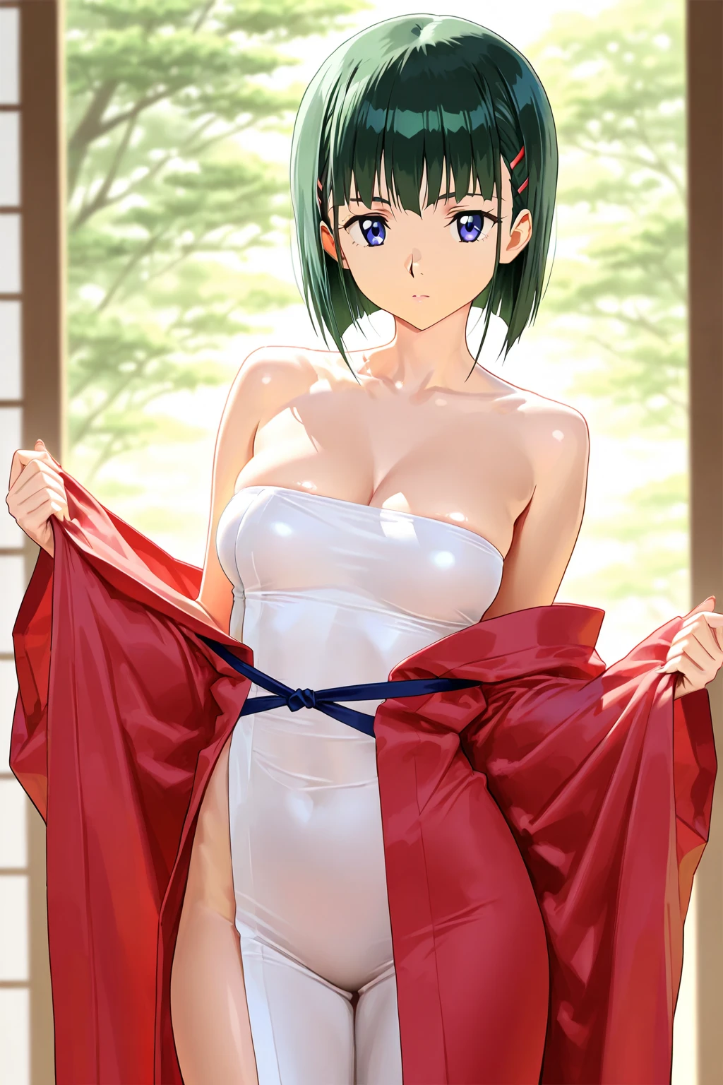 (((megami magazine))),(masterpiece)), ((top-quality)),((Vivid light and shadow depiction)), (The ultra-detailliert), ((kawaii)), cute little, (Detailed body line depiction), ((detailed face depiction)),((ighly detailed)), 4K、 (8K), top-quality, (Beautiful fece),(((World-class quality))), ighly detailed, hight resolution,(((独奏))),((((blue green hair)))).((((shinny hair)))),(((White and beautiful skin))),(((Detailed udder))), (((Beautiful blue-green eyes))),(((Short bob hair)))),(((Ahoge))),Small udder、(((Wearing a blue yukata over naked and opening the chest))),(((Red lace panties)))、(((Show panties)))、(((Bold poses)))、(((gently smiling)))、(((Angle seen from below)))、(((Composition seen from the front)))、acrobatic pose、((Hair flutters in the wind))、(((Park at night dark))),(((full of sweat)))、(((Looking back while leaning forward)))、Liquid drips from panties、(((open the legs widely)))