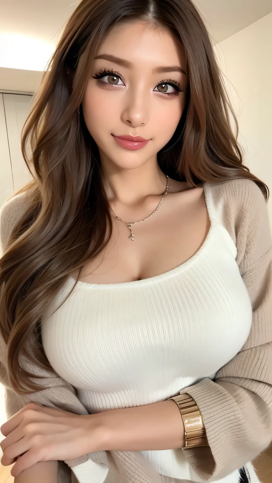 ((Best quality, 8k, Masterpiece :1.3)), 1girl, Pretty woman with slender abs :1.3, (long wavy hair hairstyles, Huge breasts :1.2), Sexy Shirt with Knife Pleated Skirt :1.1, Ultra-detailed face, Detailed eyes, Double eyelid, Full body, on bed, Revealed thighs and breasts, Sexy Hot Tight Big Boobs and Thighs body, Pointed Chin
