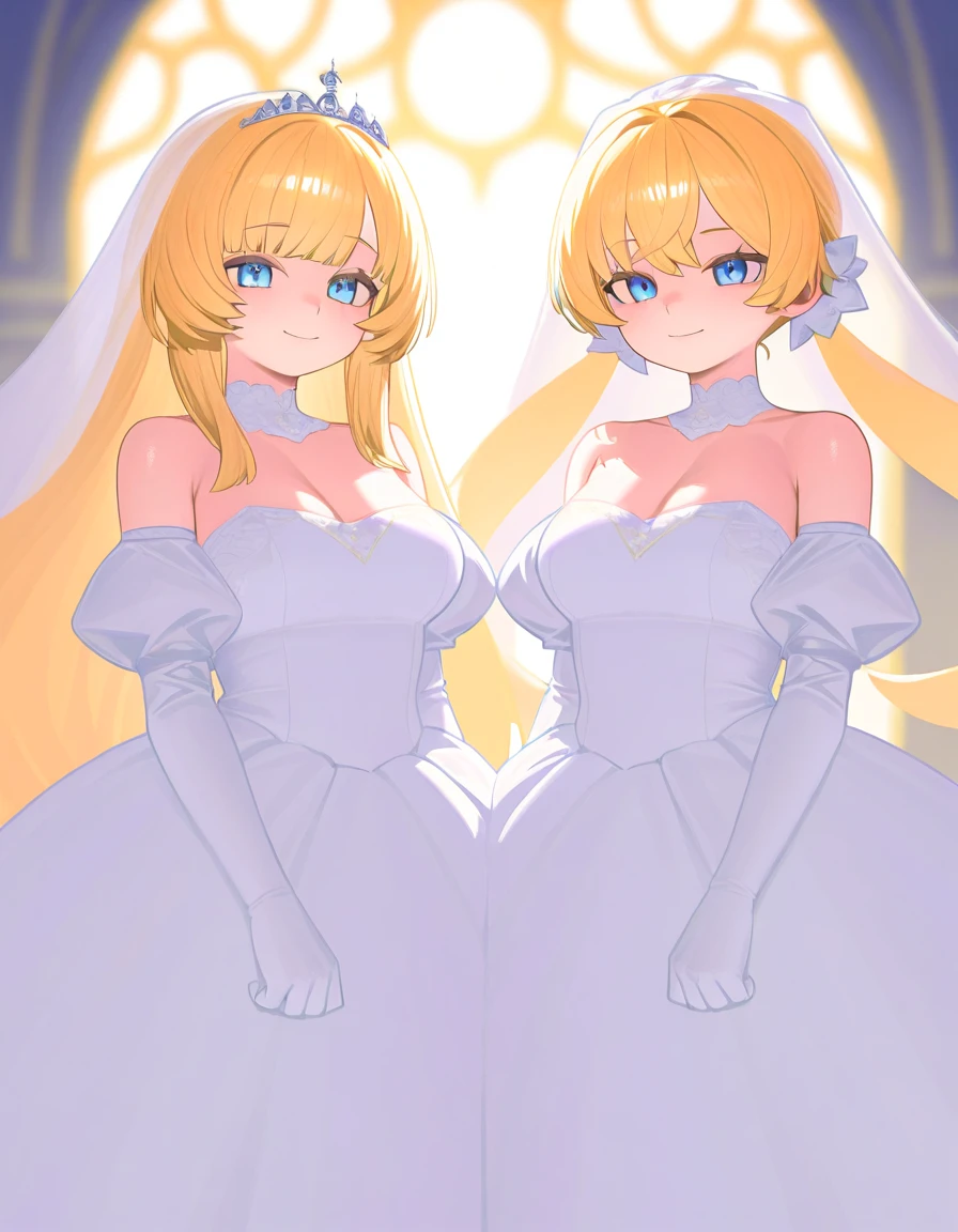 2girls, multiple_girls, veil, dress, gloves, rating:safe, blonde_hair, breasts, white_gloves, elbow_gloves, open_mouth, bridal_veil, strapless, wedding_dress, blush, brown_eyes, yuri, bare_shoulders, ponytail, holding_hands, medium_breasts, looking_at_viewer, bangs, long_hair, white_dress, strapless_dress, cleavage, yellow_eyes, eyebrows_visible_through_hair, indoors, scrunchie, sidelocks, choker, blunt_bangs, asymmetrical_docking, smile, breast_press, hand_on_another's_hip, interlocked_fingers, tiara, standing, wife_and_wife, cowboy_shot, hair_ornament, brown_hair, symmetrical_docking, sleeveless_dress, short_hair, between_breasts, see-through, church, sleeveless, collarbone