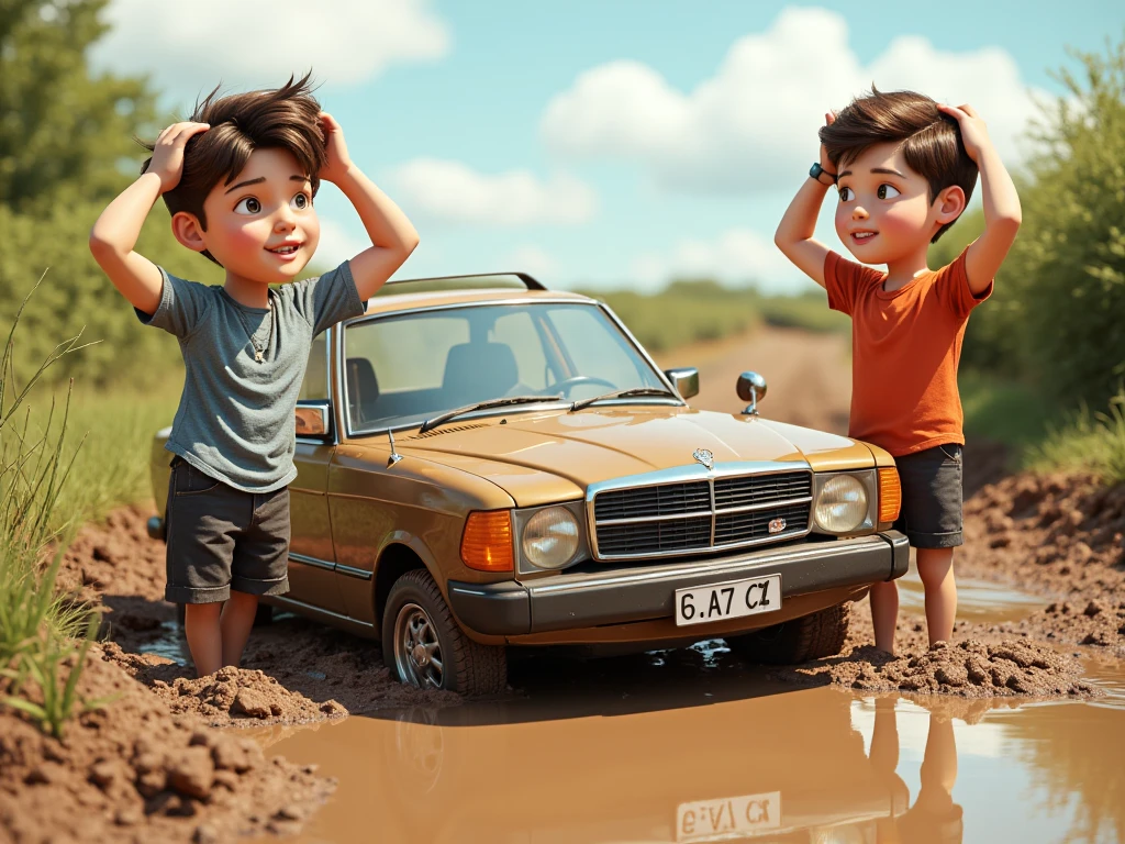 dois meninos pequenos brincando sobre um tapete com carros e bonecos, One of the children is 10 years old and has light brown hair, the other child is 3 years old and has curly brown hair, na sala de estar possui uma janela ao fundo e poltronas claras e um grande sofa de couro marrom com almofadas. a conceptual and clear and contemporary environment --auto