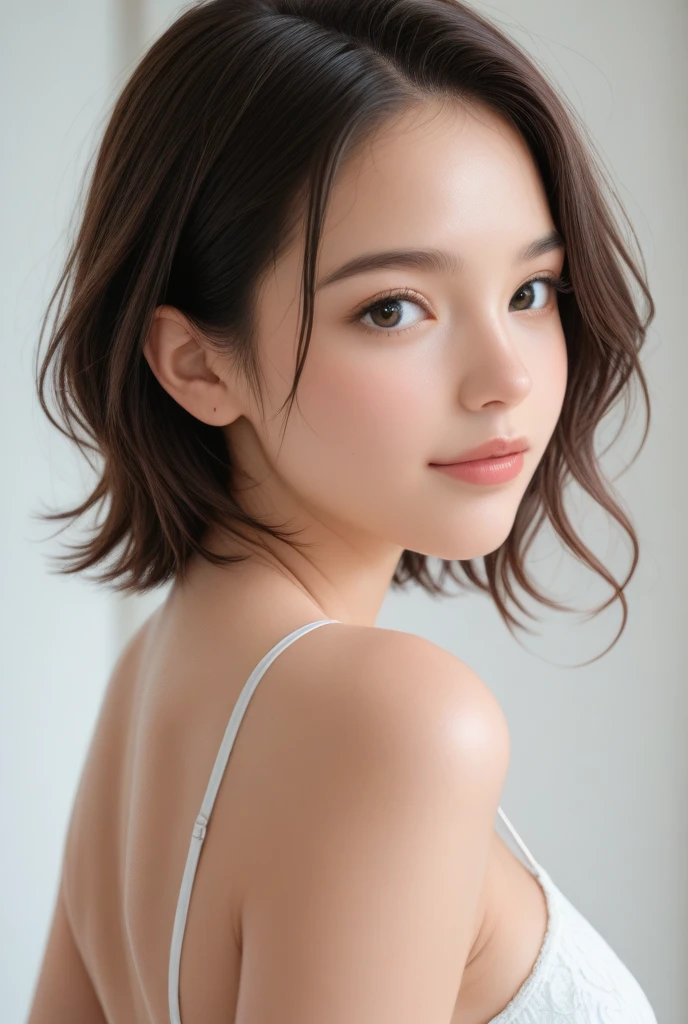 thin girl, thin face, naturally blushing cheeks, by tez clara, short shoulder length wavy hair, brown color, light brown almond eyes, bushy eyebrows, big lips, small nose, dressed in a red and black dress 