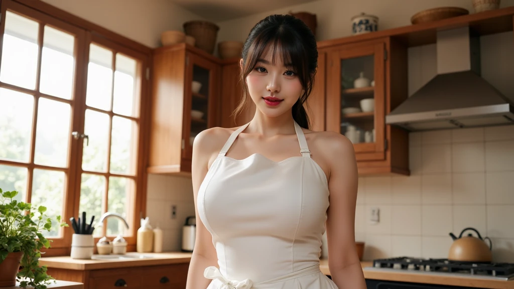 A woman is cooking, In the kitchen, Naked Apronを着用,(Naked Apron,Dark red apron,Short apron),(Hair Bun,curly,Black Hair),Medium Shot,smile,smile,Big round box,(cover-),Slim figure, Sweaty skin,(mole,pores),Realistic,Realistic:1.37, Tabletop, Highest quality,Hmph,Highly detailed skin,Detailed face,Amazing eye for detail,Beautiful and delicate,Detailed clothing,High resolution photos,Professional Light,Cinema Lighting, Cleavage、　Thighs、　Topless、Nipples sticking out
