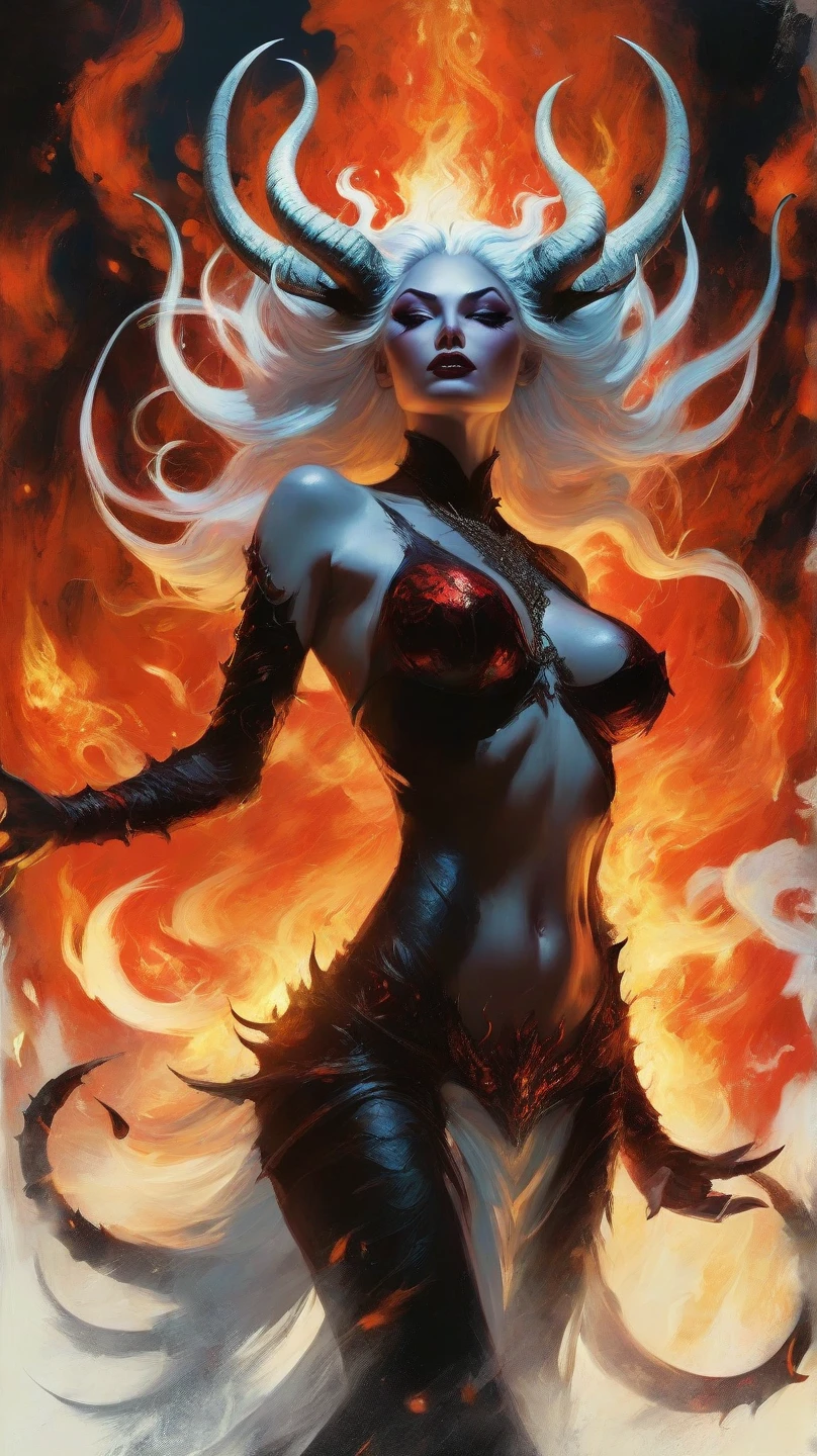 Lady Death, (masterpiece, best quality, ultra-detailed, highres), perfect face, side lighting, lustrous skin, (bloom), (shine), lighting, ray tracing, gothic, 1girl, solo, makeup, breasts, lipstick, elbow gloves, long hair, gloves, cape, swimsuit, bikini, red lips, navel, thighhighs, white hair, large breasts, cleavage, colored skin, black bikini, black cape, black thighhighs, wavy hair, arms up, signature, skull, blue eyes, black gloves, red cape, lips, thighs, arms behind head, parted lips, garter straps, halterneck, seductive smile, eyeshadow, half-closed eyes, depth_of_field, very detailed background, Dynamic angle, solo, extreme light and shadow, (detailed eyes), (extremely detailed illustrated 8k wallpaper), vivid colors, <lora:Ladydeath:0.8>