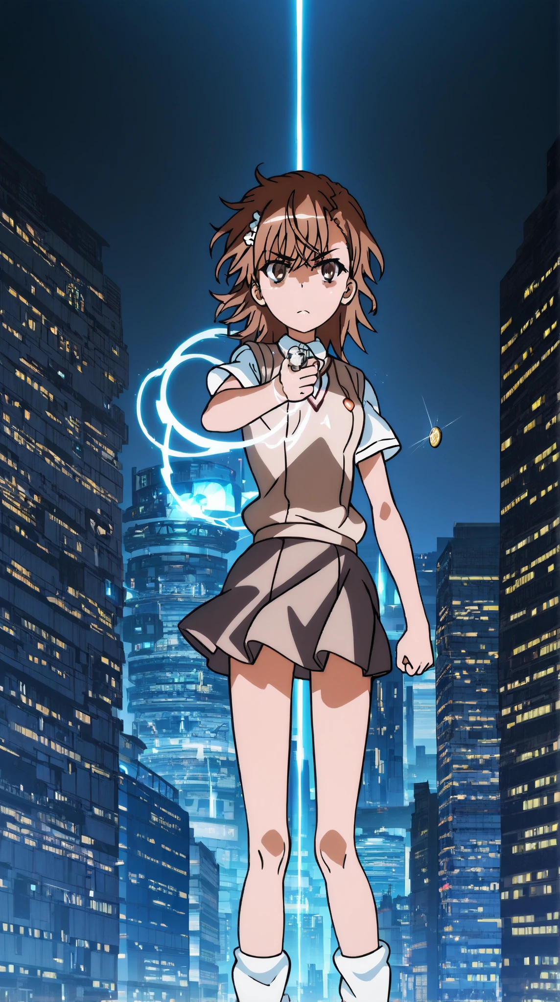 <lora:misaka_mikoto_v18-000003:0.9>, masterpiece, best quality, misaka_mikoto, brown eyes, short_hair, small_breast, looking at viewer, solo,cityscape,coin,collared shirt,electricity,electrokinesis,from below,furrowed brow,groin,hair ornament,hairclip,holding,holding coin, light smile,lightning,looking at viewer,midriff peek,miniskirt,navel,night,parted bangs,pleated skirt,psychic,school uniform,shirt,short hair,short sleeves,shorts,shorts under skirt,skirt,small breasts,solo,summer uniform,sweater vest,thighs,tokiwadai school uniform,v-shaped eyebrows, white shirt,wind,wind lift,outstretched arm