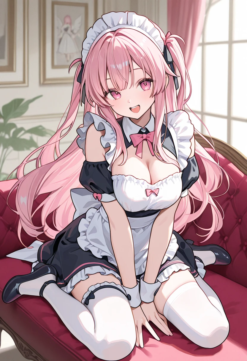 ahg, rolling eyes, grin, big hair,
color: spectrum,
hair extensions,
lip filler, french maid uniform,
colorful hair,
very long hair,
vivid colors, large breasts, bedroom, kneeling