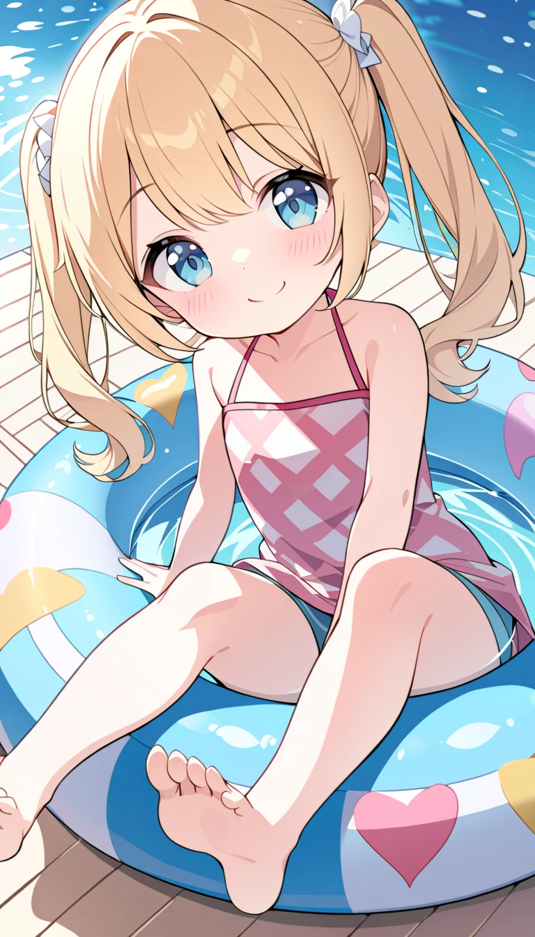 young Girl, (pastel colored striped bikini), presented hip shirring bikini, showing bikini, teasing bikini, bottom-back view, climbing stairs, blonde twin-tails, looking back, panty shot, low angle, up one legs, crotch seam, up skirt, [[small breasts:0.8]], back shot, look back, happy light smile, sweaty, sweaty body, sweaty skin, oily wet skin, framed body lines, ((closeup buttocks, back shot, look back)), Wrinkles in clothes, full body, Wearing sweat, Body lines stand out, japanese girl, japanese kids, (petit, being stumpy, short legs, short arms), slide