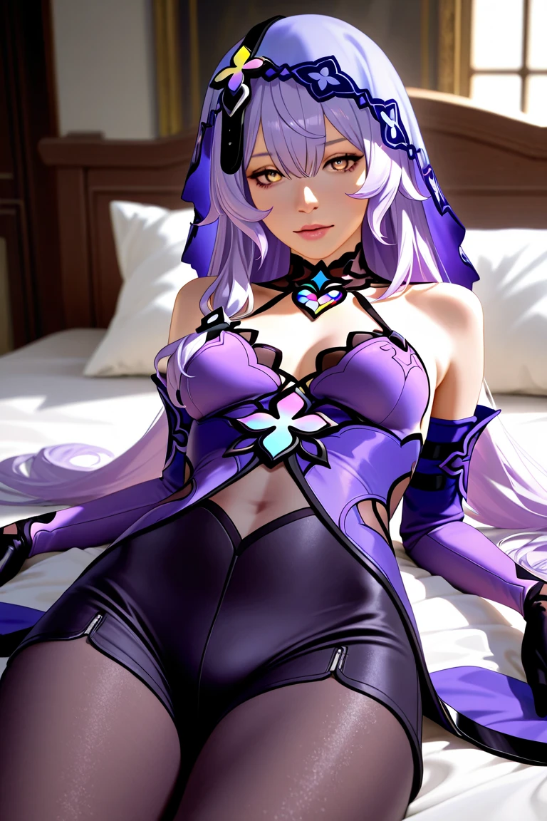 masterpiece, best quality, ultra detailed, dynamic angle, under view, open legs, NSFW, watercolor and oil painting fusion, hot black artwork, white line art, beautiful woman, 1 woman, older woman, black swan, beauty, perfect anatomy, perfect eyes, perfect fingers, perfect hands, anime girl, black high gloves, thick black stockings, sexy dress, tight, thighs, purple hair, seductive smile, room background, soft, seductive, hot, spicy,