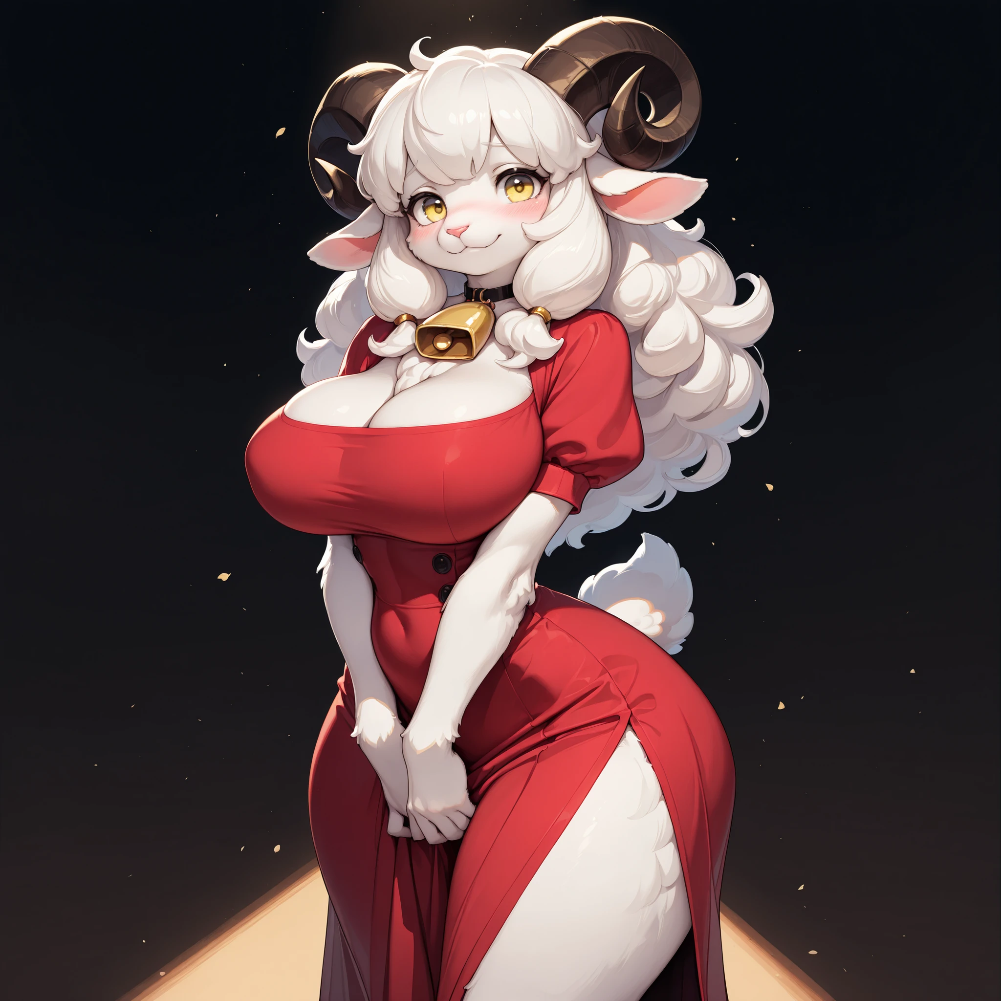 kenny \(kenashcorp\), 1girl, (sheep, sheep girl), furry, sheep ears, heart ahoge, animal nose, black and white fur, black arms, eyes makeup, black eyes, sheep tail, cheek heart, white wool, simple background, dark background, red dress, huge breasts, thick thighs