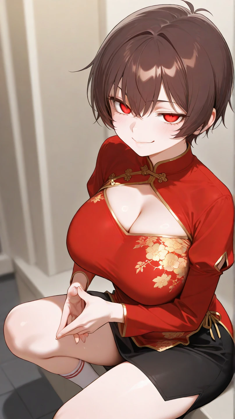 (Score_9, score_8_up, score_7_up, score_6_up), (adult, seductive face, seductive expression), close up, brown hair, bobcut, bangs, big breasts, blue eyes, red lips, full lips, eyeliner, red Chinese dress, cleavage, Anna_Williams \(Tekken\), Nyantcha Style, source_anime,