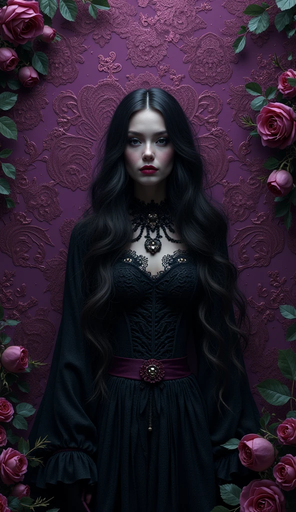 Photograph of a Gothic woman with pale skin, long and voluminous hair, sharp eyes, a thin and upturned nose, shapely lips, an hourglass body shape, dark clothes, gothic makeup, intricate maximalist-detailed, vibrant, epic, smooth, cinematic, 4K, backlit, creepy graveyard background, and a deep depth of field.