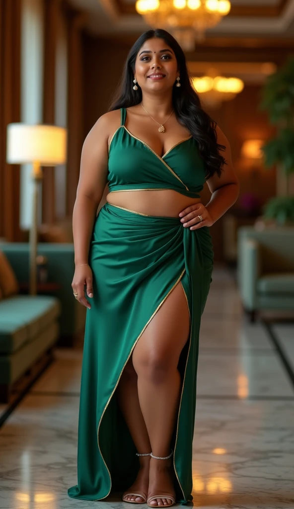 Foto RAW UHD, A young, alluring Milf named Ebony, dressed in a chic outfit that exudes luxury and sophistication. She's standing confidently against the backdrop of the bustling downtown scene in New York City. Her hair, styled in loose curls, cascades down her back, framing her olive-toned skin perfectly. Her eyes, a mesmerizing mix of brown and gold, hold a seductive gleam that commands attention. She's clad in a form-fitting dress that hugs her curves, accentuating her voluptuous figure. The dress, made of a rich, emerald green fabric, features a plunging neckline that reveals ample cleavage and a thigh-high slit that teases what lies beneath. Her high heels, also green, match her dress perfectly, adding inches to her already impressive height. In one hand, ebony goddess, she holds a glass of champagne, her fingers wrapped around the stem suggestively. Her entire demeanor exudes confidence and sensuality, as if she were born to be the life of any . (masterpiec:1.3).High resolution.