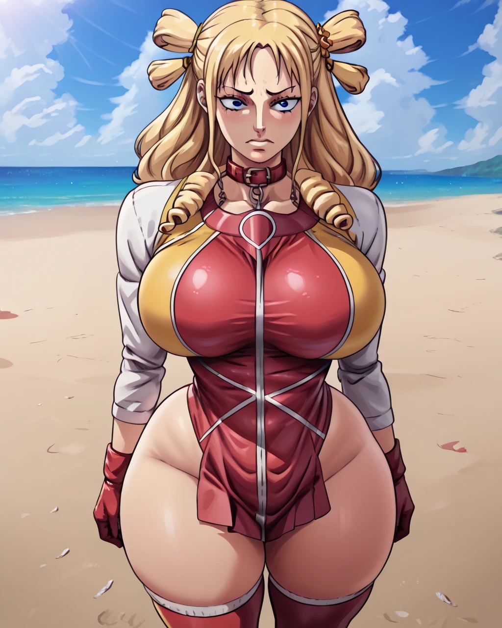 Seras Victoria,  milf, old woman, yellow hair, uniforme militar color arena,  ((sand-colored military uniform, sand colored mini skirt , flushed, smile coqueta, black lipstick, gothic aesthethics)) , (( flushed, smile, oiled skin)), picking up her breasts, (( rubor, Caderas anchas)), Curvy body, (( gigantic sagging breast, bragas visibles )), long legs, open legs,Iparuputsua, squat, ((de rodillas)), on the beach at night, city lights in the distance, Cancun, image from below