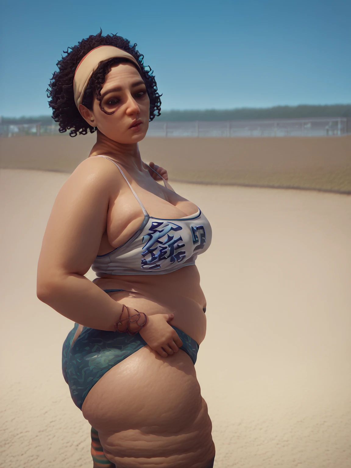 dark skin, (dark-skinned female:1.5), bike shorts, bikini, crop top, hoop earrings, jewelry, midriff, navel, necklace, short shorts, shorts, swimsuit, tankini, 1girl, plump, chubby, curvy, chubby girl, belly, big belly, fat belly, large stomach, night sky background, (best quality,4k,8k,highres,masterpiece:1.2), ultra-detailed, (realistic,photorealistic,photo-realistic:1.37), HDR, UHD, studio lighting, ultra-fine painting, sharp focus, physically-based rendering, extreme detail description, professional, vivid colors, bokeh, portraits, photography, concept artists, colorful, fairy tale, soft and dreamy lighting, sparkling stars and constellations, peaceful and calm atmosphere, luminous moonlight