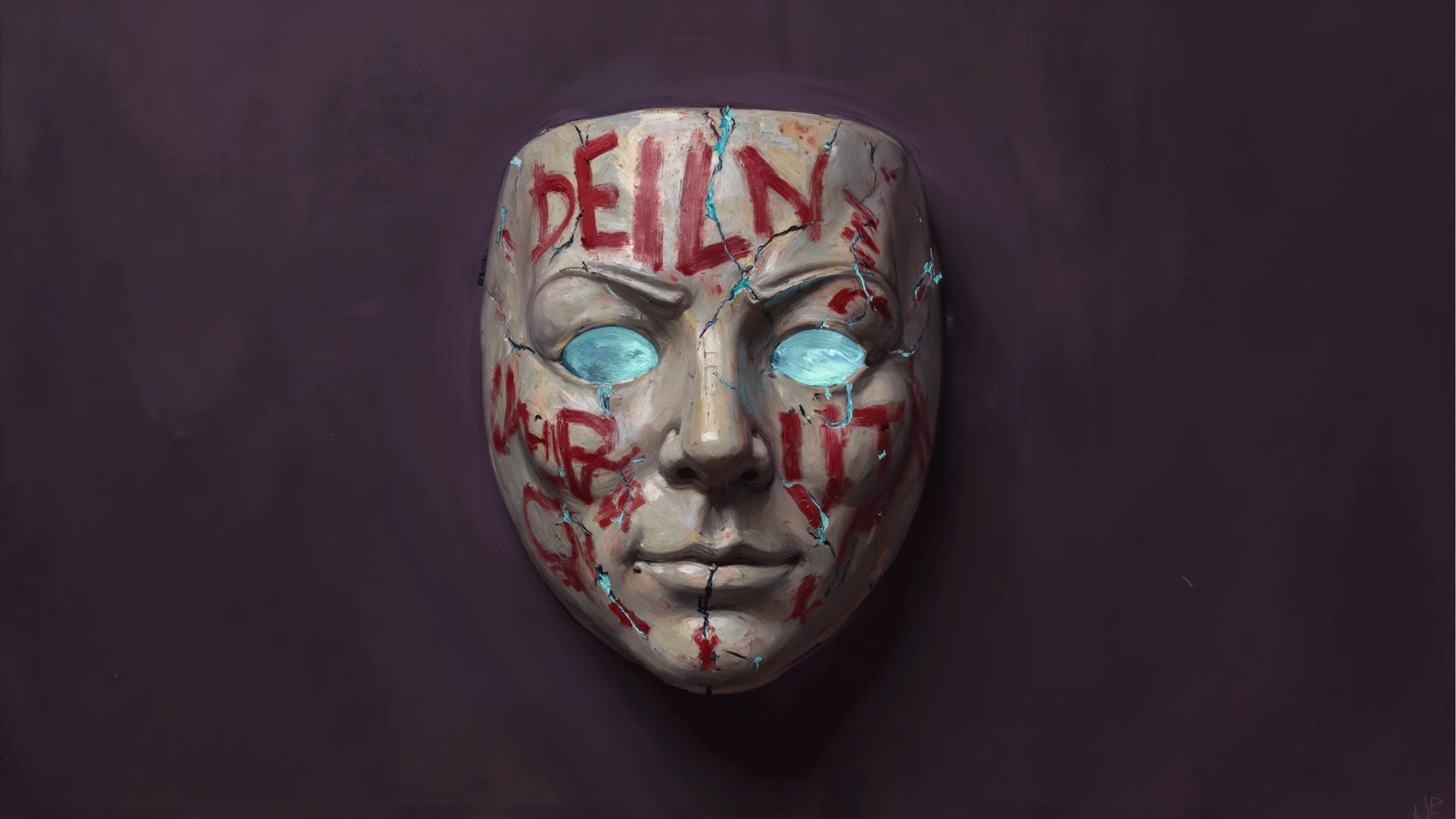 Greek bust with the word inferi sprayed in red and blindfolded 