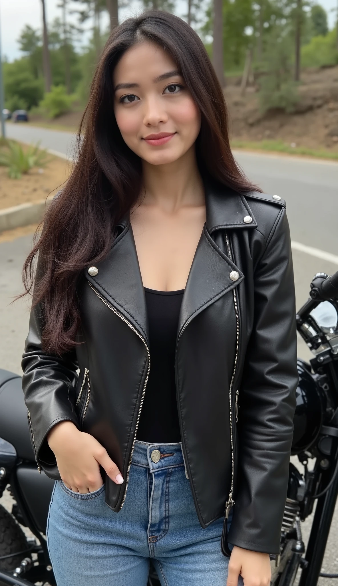 A beautiful Indian girl, 20 years old, fair skin, long black hair, big almond-shaped brown eyes, slim figure with medium-sized breasts, heart-shaped face, soft natural makeup, natural body proportions, ultra realistic, high detail, photorealistic, full body, consistent face, same character,full body,wearing a black leather jacket, blue jeans, standing beside a bike, cool expression