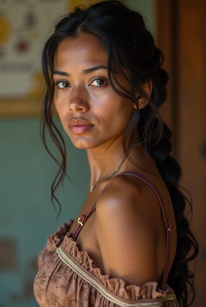 black hair, expressive eyes ,two braids, passion