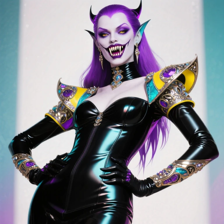 (1990s \(style\)) female monster, sharp teeth, demon skin, talon clothing, 90s raver fashion, <lora:monsterg:0.7>