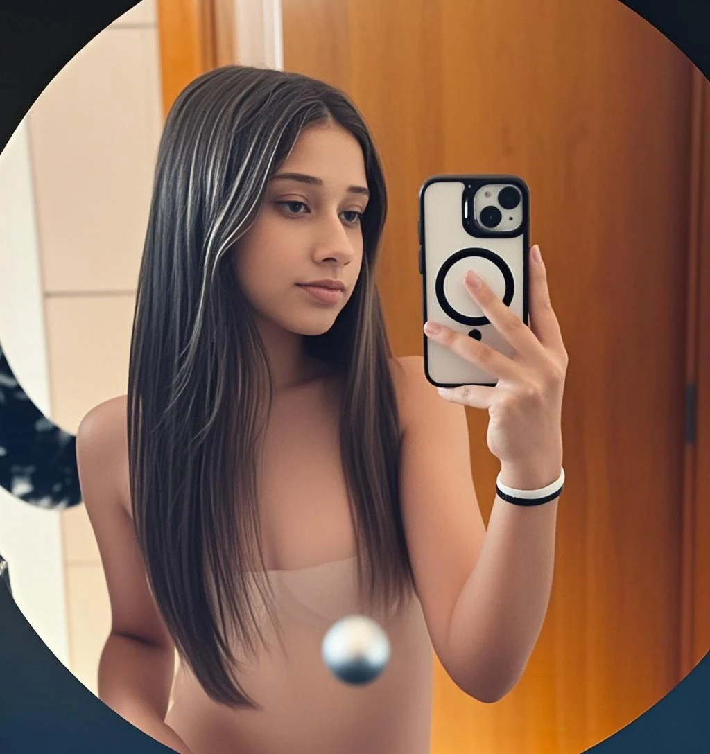 there is a woman taking a selfie in a mirror, greasy hair, frizzy hair, in her hair, messy curly hair, hair is the focus, her hair is in a pony tail, curly hair, a black man with long curly hair, her hair is white, text and a pale young woman, her face framed with curls, tessa thompson inspired, Big tits, huge tits , no clothes, sexy, cute, minimal clothes, thick, bbw, chubby stomach, thick nipples, nipple piercings, large areola, hard nipples, piercing through shirt, nipples hard through shirt, busty, major cleavage, naked, ripping through top, spilling over sides, bra too tight, giant , extra wide hips, upper body zoom in, showing off huge , fat stomach, see through top, fat bbw, large areola showing, major cleavage, latina, down to stomach, wide hips, sexy, upper body zoom, thick arm, showing off , top half only, showing only upper, only a bra, showing off cleavage, naked, big  showing, big tits out, no clothes