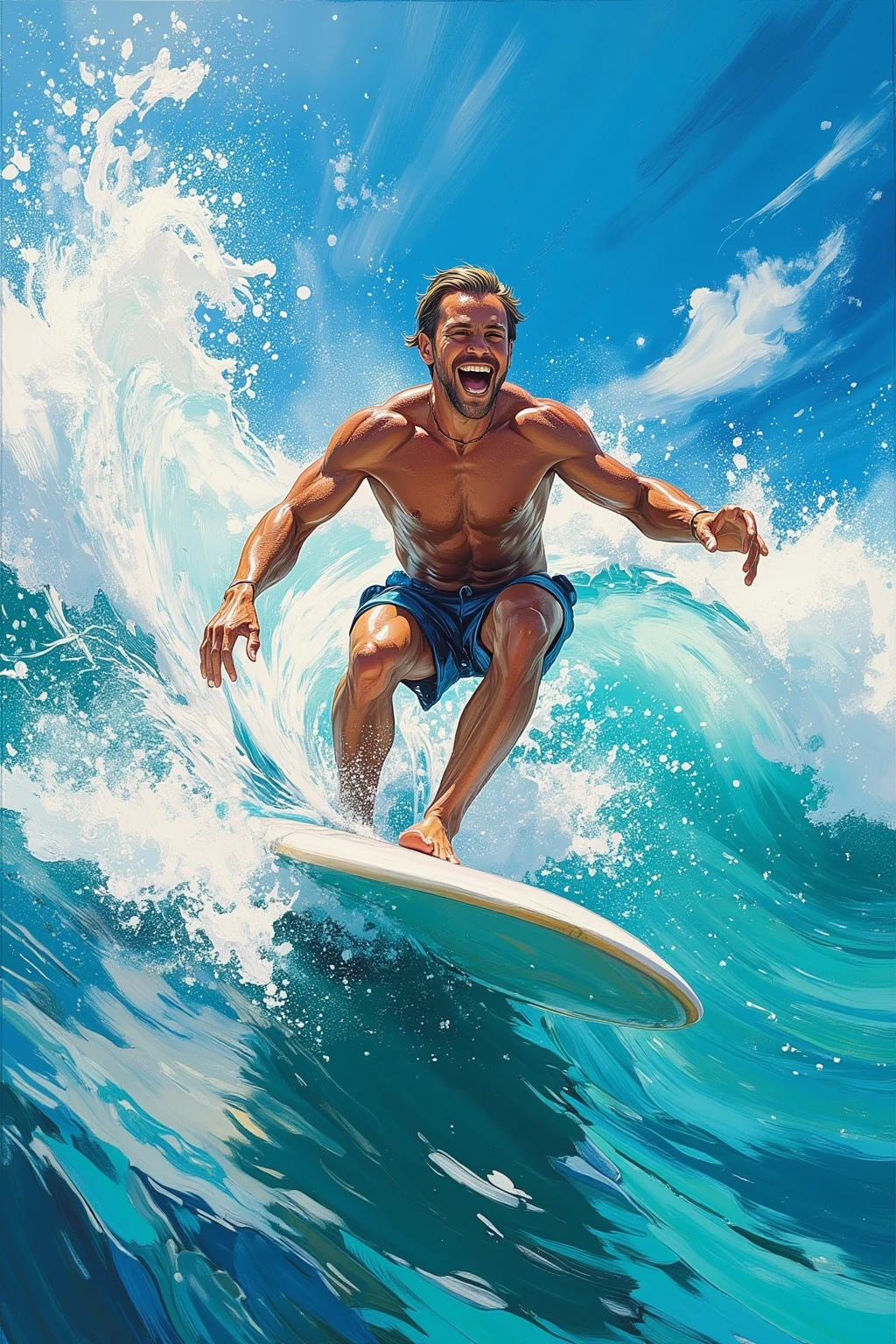 painting of a man on a surfboard riding a wave, part dean cornwell style, surfing, oil on board, oil painting a bigger splash, by Harry Shoulberg, by Jerry Weiss, by John Armstrong, by Harold Shapinsky, inspired by Jon Whitcomb, by Jon Whitcomb, greg rutkowski painting, oil-on-canvas