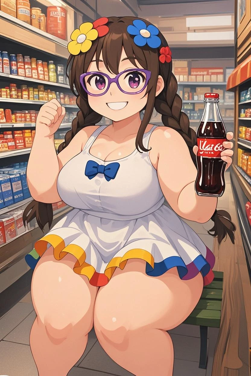 ((Masterpiece)), perfect anatomy, perfect shading, field of depth, (best quality), extremely delicate and beautiful, perfect lighting, detailed face, ultra cute face, cute, ((1girl)), ((solo))
long fluffy black hair, glasses, green eyes, ((blush)), nervous, looking at viewer, sweater, short skirt, medium breasts, ((thick thighs)), (wide hips), ((plump)),
intricate background, detailed background, fast food restaurant,