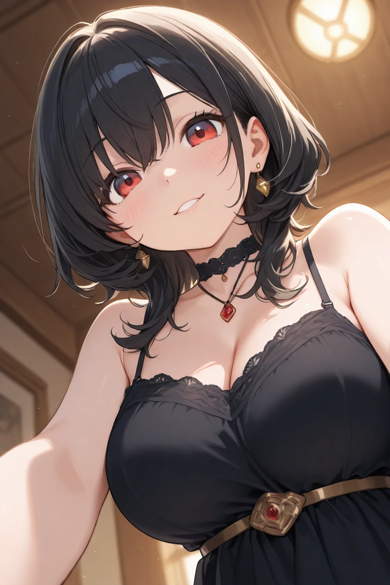 Irisvie,black dress,solo,looking at viewer,beautiful smile,,middle size of breast,beautiful necklace