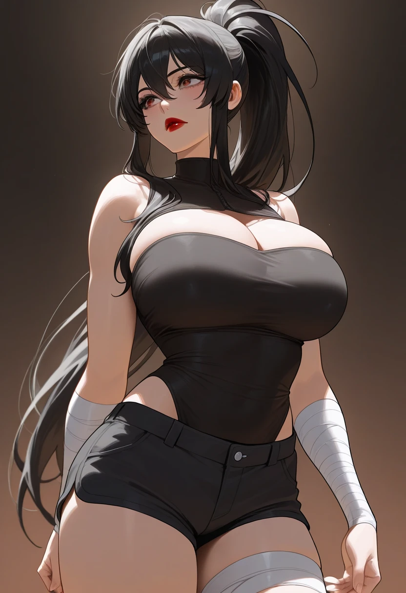 (best quality,4k,8k,highres,masterpiece:1.2),ultra-detailed,(realistic,photorealistic,photo-realistic:1.37),Mulher,black long hair, red eyes, serious expression, big breasts, body with high-neck long-sleeved top, black pants, portraits, vivid colors, dark and intense color tone, dramatic lighting.