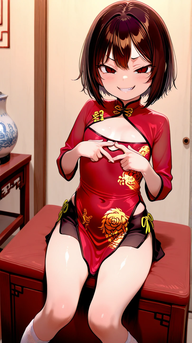 Period drama manga style A 15-year-old super beautiful Chinese girl with black hair in a bun cut(1 person) She is wearing a royal long-sleeved Chinese dress She turns around, poses and cries, showing her asshole