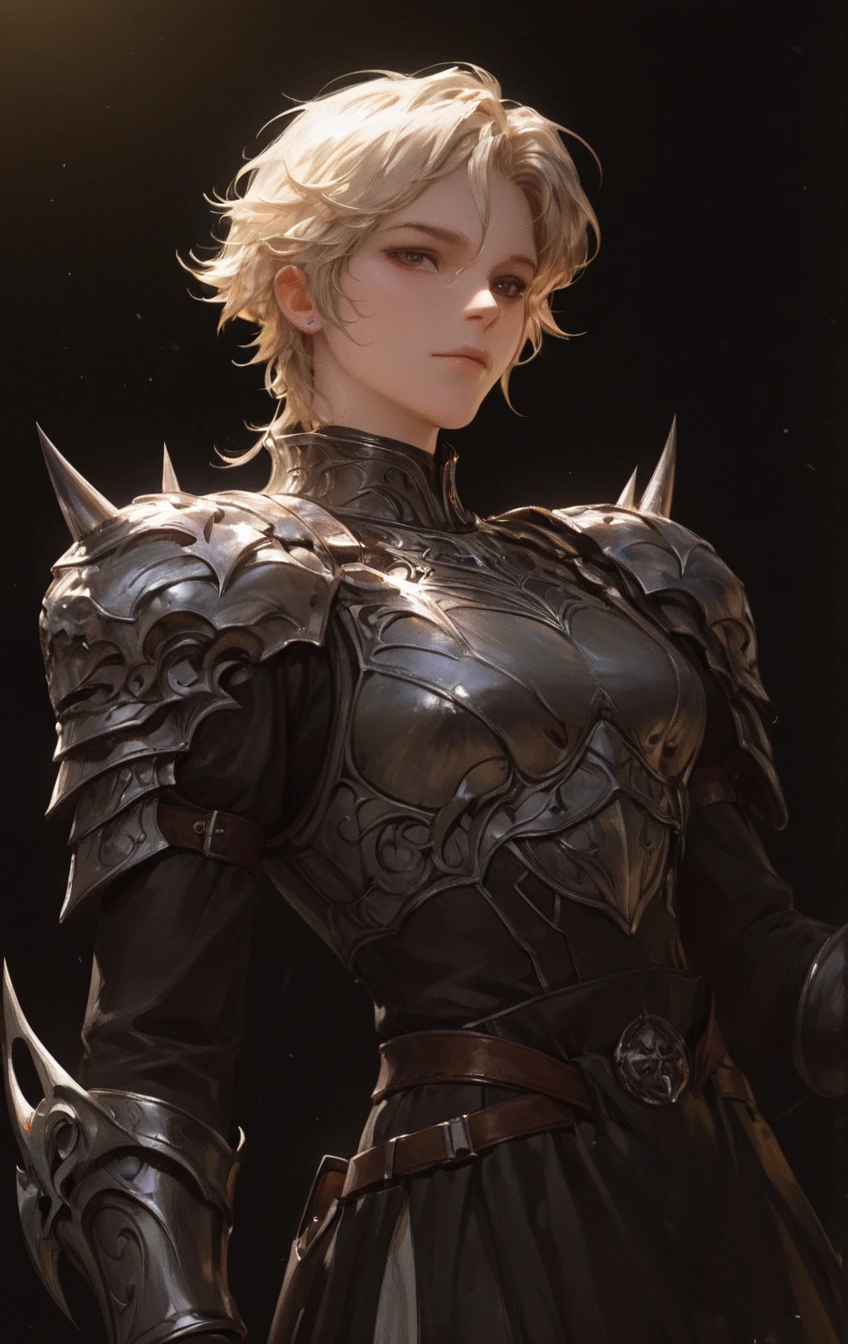 Peren, muscular, short hair, pixie hairstyle, blond, Red eyes, in armor, shoulder length portrait