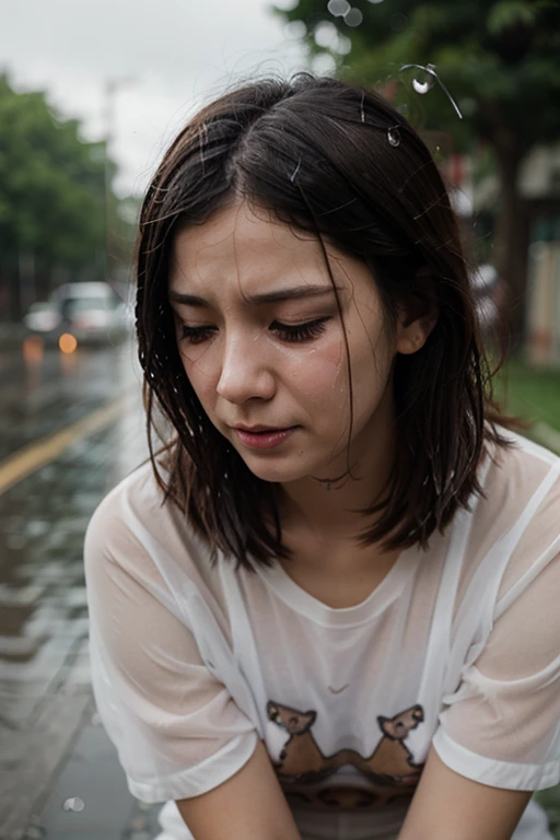 A crying girl and it's raining
