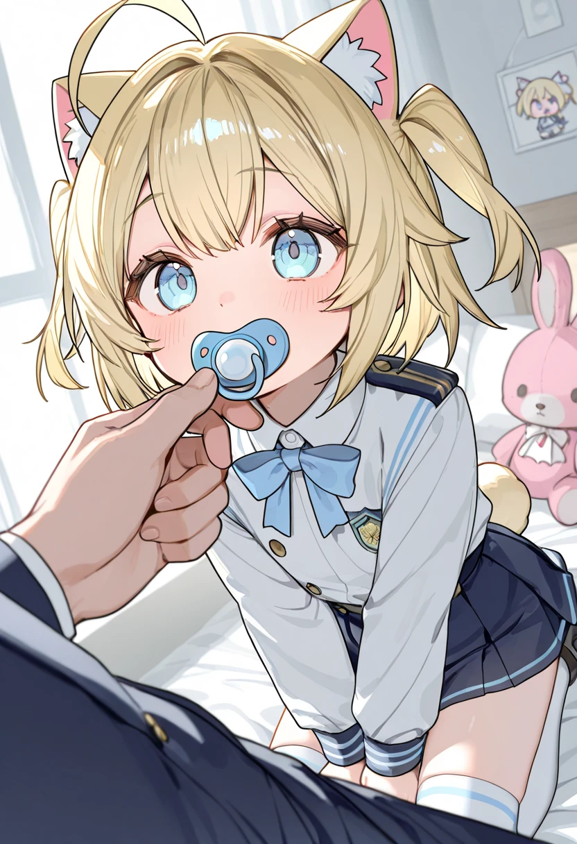 ((masterpiece, best quality)), high resolution,ultra detailed, detailed background, perfect lighting,detailed beautiful eyes,1girl,nsfw,perfect beautiful pussy,embarrassed,blush,look at viewer,steam,sweat,aroused,(close up face:1.1),(from front, from above:1.2), (1boy,1penis:1.1) ,oralsex,(fellatio,deepthroat:1.3),:>=,hetero,tear,blazer,skirt,school bag,blond hair,cat ear,green eyes,perfect fingers