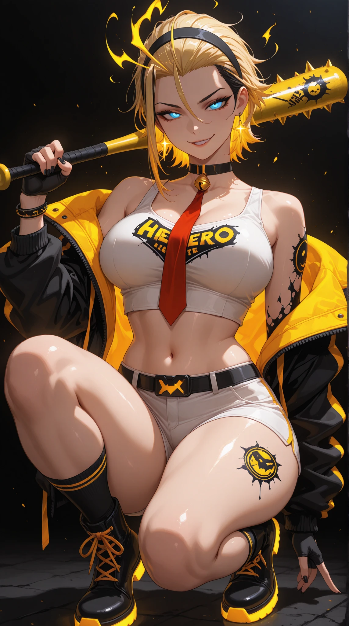 ((masterpiece: 1.2)),frontlighting, ultra-detailed, ultra high res,first-rate female bodies, (aegyo sal:1), 1girl , lower ponytail hair, underboob:1.4, skinny ,large breasts,professional lighting,high quality make up  ,medium tight, beautiful detailed eyes, heavy eye makeup,sexy, beautifu, adult woman face ,yellow eyes ,glowing yellow eyes,  smug face , smile face ,looking at viewer, outdoor, people in background, nights sky ,hyper realistic background  ,  face focus  , baseball cap , revealing clothes, short crop top , text on crop top, short sexy pants ,blowing bubblegum on mouth , show underboob, revealing fur jacket , front_view,