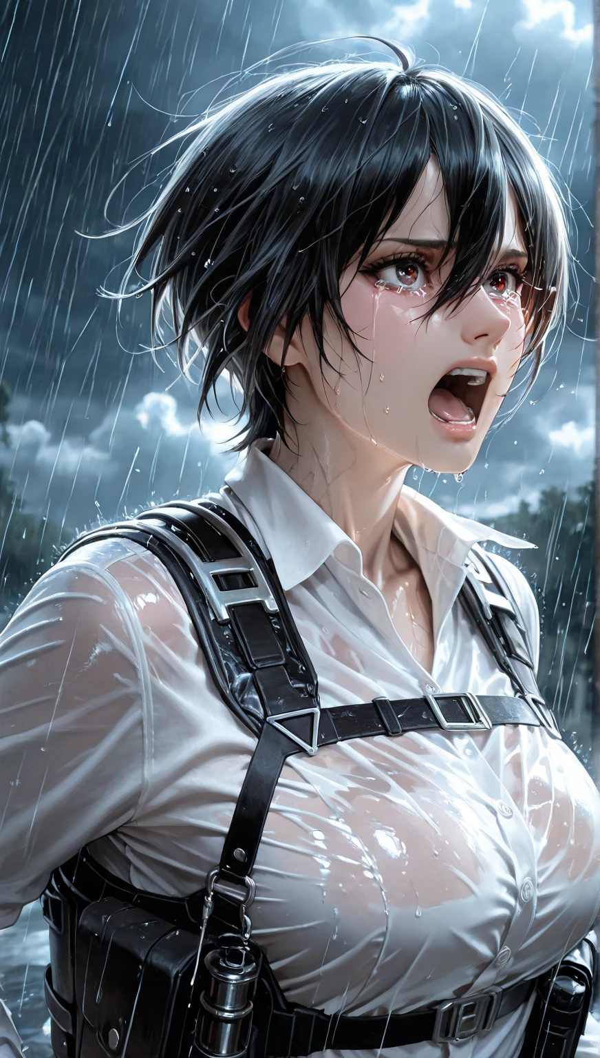 “A hyper-realistic digital painting of a Mikasa Ackerman screaming in the rain, head tilted back, mouth open wide in a powerful cry. Her short, wet black hair whips around her face, each strand finely detailed, clinging to her damp skin. She wears a white button-up shirt drenched and translucent in places, clinging tightly to her body, under a dark tactical vest with visible straps, buckles, and metallic chains hanging across her chest. Her skin is flushed with emotion, rain droplets running down her cheeks and neck, mingling with tears. Her expression is one of anguish and defiance, veins slightly visible on her neck, jaw tense. The background is filled with heavy rain, blurred storm clouds, and glowing sparks or embers drifting in the air, adding tension and dynamism. The lighting is dramatic and cinematic, with sharp highlights on the wet surfaces, ultra-fine texture on skin, fabric, and accessories, capturing every detail in a hyper-realistic style.”
