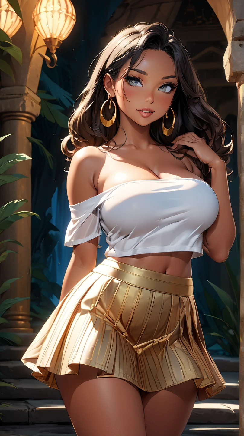 tanned brunette beautiful girl , 16 y.o indian woman in rugged wastelander clothes, random hair, leather west, very short leather pants, perfect breasts, cleavage, background is city ruins, (high detailed skin:1.2), 8k uhd, dslr, super lighting, high quality, film grain, high res, highly detailed, hyper realistic, beautiful face, beautiful body, beautiful eyes nose lips, alluring expression, very bold, shot from above, upper boobs visible, full body photo, pale translucent glowing skin, most beautiful face, cute, dynamic pose, beautiful feminine curves ,