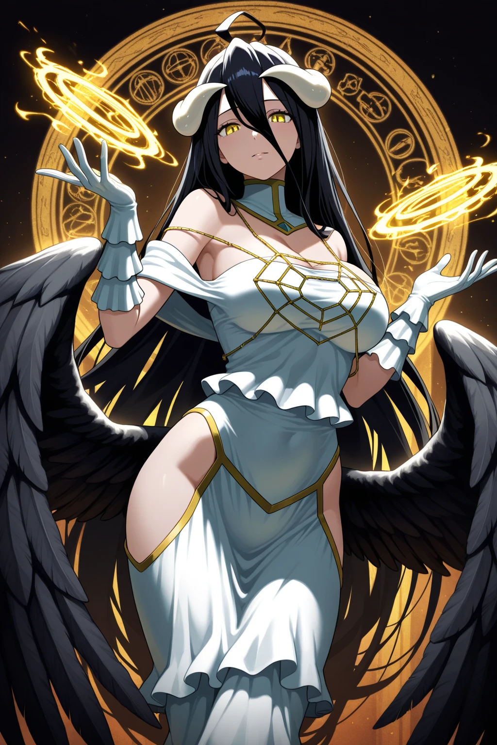 ((albedo_overlord , best quality, masterpiece, ultra-detailed, absurdress)), 1girl, (solo:1.4), ((white dress, wings, horns, black hair)), indoors, from below, kneeling, closeup, looking at viewer, bedroom, bed, bedsheet, ((amber eyes, yellow eye, glowing eyes, evil smile:1.5)), indoor, lighting, volumetric lighting, semi-realistic