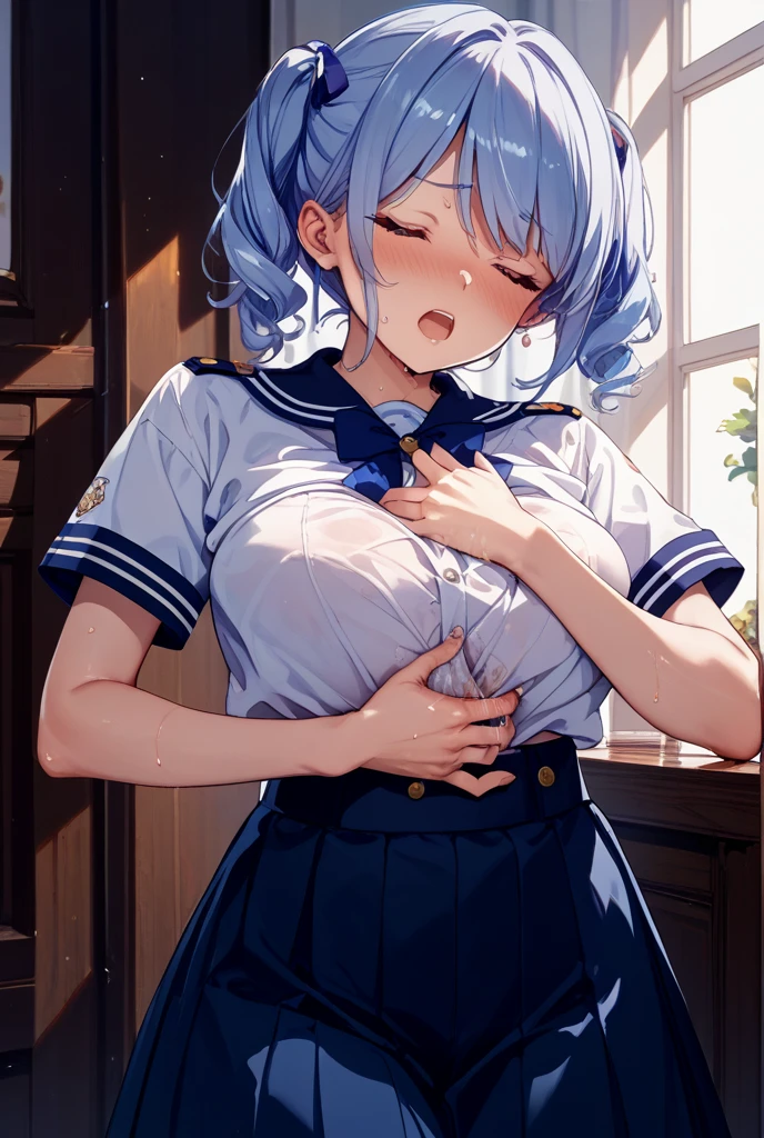 One girl、Being exposed in the classroom、Wide-open legs、Sitting on the floor with legs open、Light blue hair、blue eyes、Standard Bust Size、Expressionless and dead eyes、Desperate look、Nipples、Pussy、Wearing only the collar of her sailor uniform、The lower half of her body is covered in green panties.、Pour condensed milk all over your body、Condensed milk on face、Condensed milk for hair