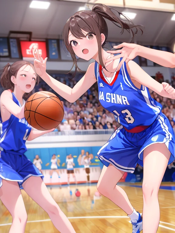 in a girl、funny、dress,(small breasts ) , short black hair, black eyes, playing basketball, blue sleeveless t-shirt with the number 10 on the chest and back, Matching shorts with a white line design on the sides, white sports shoes with blue details, white knee high socks, white wristbands, blue headband, training