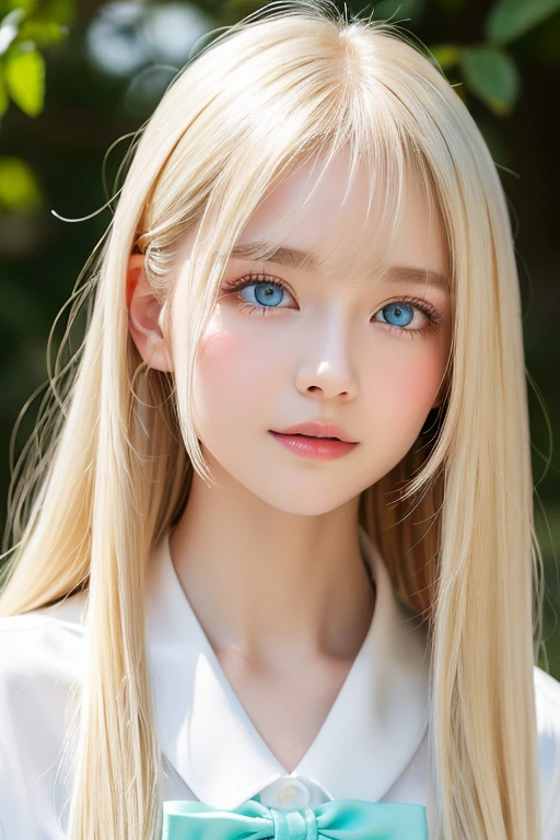 high quality、最high quality、Photorealistic、Raw photo、Real、超Real8K CG、Super detailed、High resolution、masterpiece、1 Girl、Super long hair、Light blonde hair、Bright Blue Eyes、Detailed face and eyes、Close-up、Intricate details、Detailed Texture、details、details、A perfectly beautiful face、Messy silky beautiful light blonde hair、Beautiful cute girl 16 years old、Very beautiful beautiful bright pale sky blue big eyes、Very super long beautiful blonde silky shiny hair、Long beautiful bangs、Very big eyes、Small Face Beauty、eyeliner、very white shiny skin、Gloss Face、Cheek gloss、Hair above the eyes、片Hair above the eyes、Hair between the eyes、