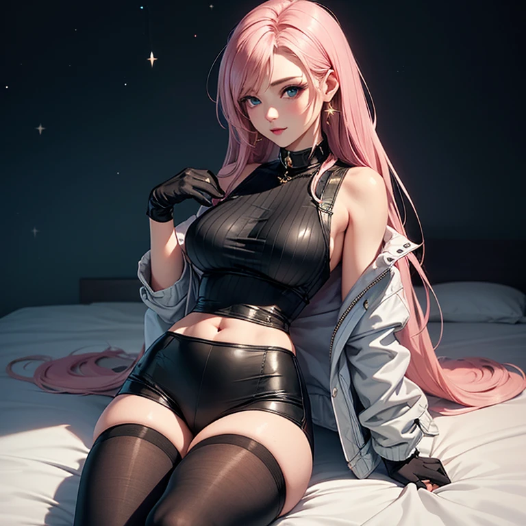 Antecedentes muy detallados, Obra maestra, La mejor calidad, 1girl,  grandes pechos y una gran cola que hechiza los muslos de cuerpo completo solamente, ((Obra maestra, La mejor calidad)),best aesthetics, cero dos (Querida en el franxx), Querida en el franxx, flequillo, punzante, sonrojarse, Ombligo cubierto, sombra de ojos, ojos verdes, hair behind head, Mano en la cadera, trompetas, They are smiling, Cabello largo, Mirando al espectador, maquillaje, senos medianos, Traje de piloto, traje rojo, con pantyhose cabello rosado, sombra de ojos roja, Science-Fiction, Piel apretada,
