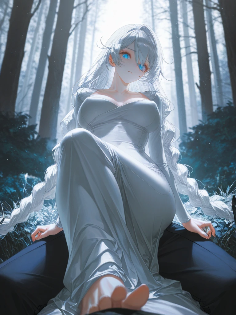 ((masterpiece)) a mature woman with full pale lips and glowing ice eyes with snowflakes in them, iridescent blunt bangs and long floating hair, bioluminescent transparent clothing, ethereal atmosphere, delicate face, wide variety of pastel shades, realistic, surrounded by bubbles and holographic stars, petals, glittering
