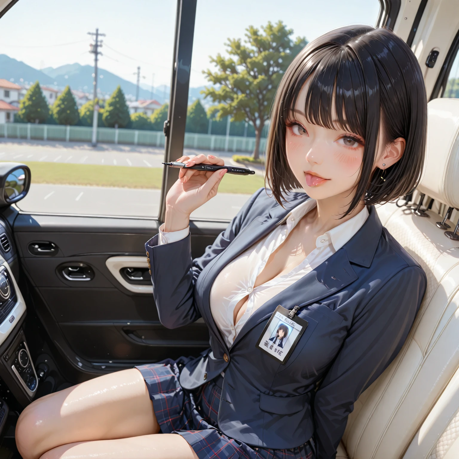 Spread legs、m-legs,Whole body、competition swim suit, onepiece swimsuit, Latex,、Bob Hair、red lipsticks、a miniskirt、Full smile、Lift the hem of the skirt、Hospital bed,irrumatio,