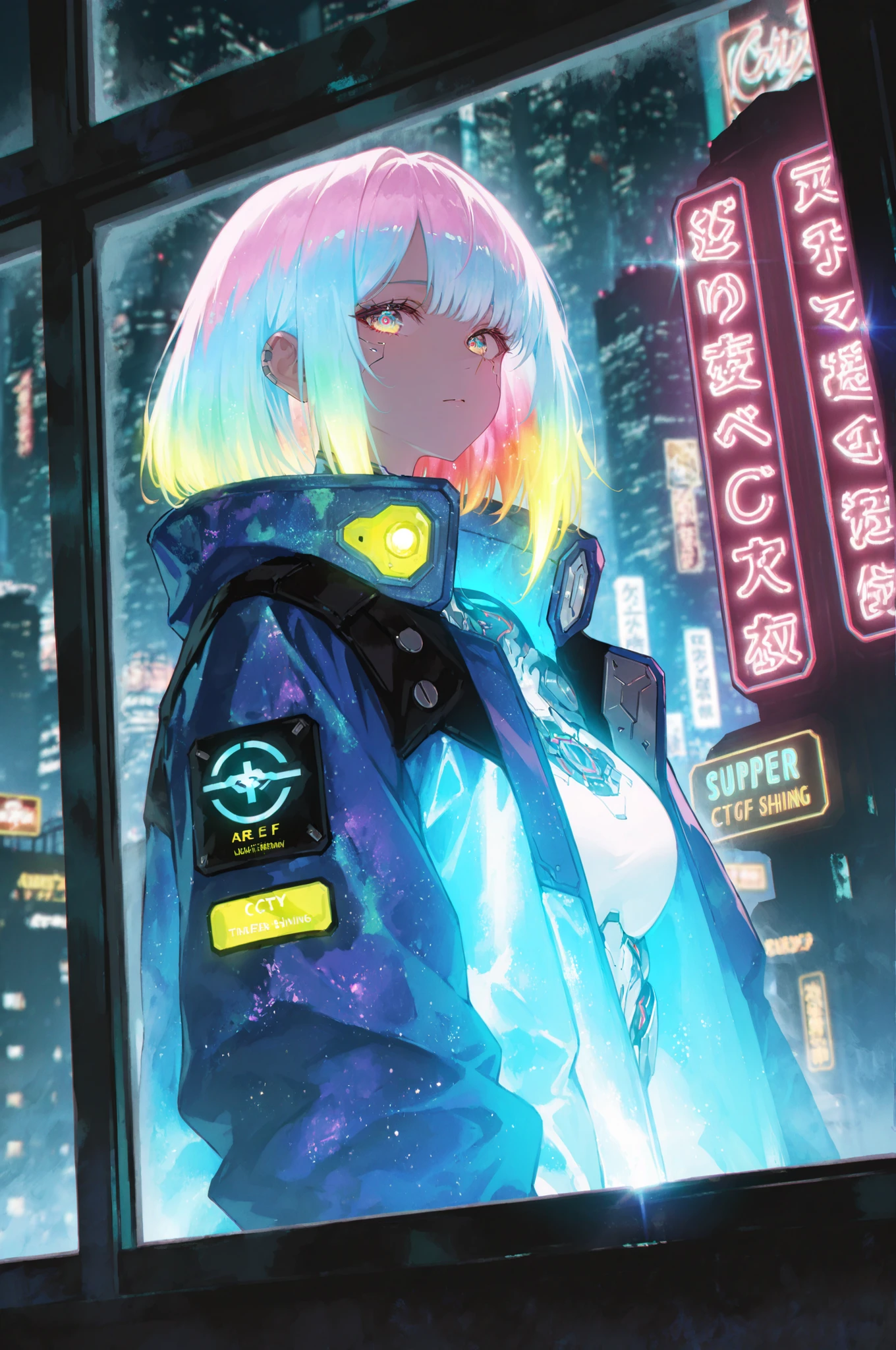 multicolored eyes, colourful glowing hair, wearing sci-fi jacket, anime style, high detail, Futurism, glowing light, UHD, retina, masterpiece, ccurate, anatomically correct, textured jacket, super detail, high details, high quality, award winning, best quality, highres,cyberpunk city, the neon lights are shining,looking out the window at the view outside,looking outside