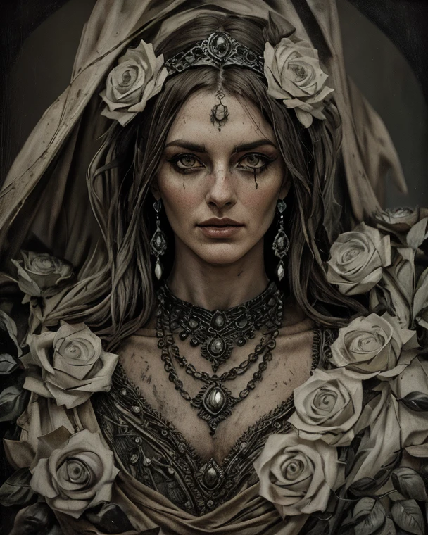 Detailed realistic full-body picture of a female Mediterranean vampire. Dark expressive eyes, long raven black hair, olive skin. Bride at a vampire wedding. She should look enigmatic with a subtle, captivating smile and a grace reminiscent of a dancer. Her heritage is evident in her sophisticated appearance. 