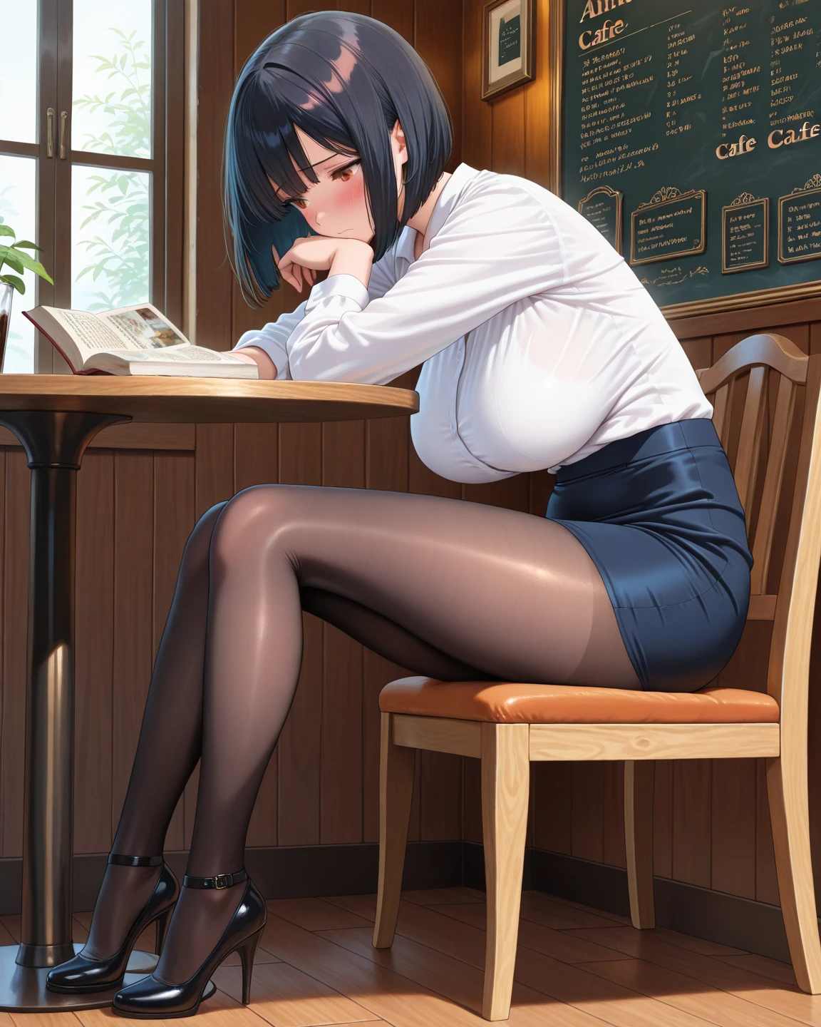 1 girl, glasses, (full body:1.2), sitting, (angle from below:1.1), (angle from the side:1.1), smile, (slim body:1.2), (huge breasts:1.3), (slender and long legs:1.1), black hair, short hair, white long sleeve shirt, pleated skirt, (dark blue high socks:1.1), brown loafers,