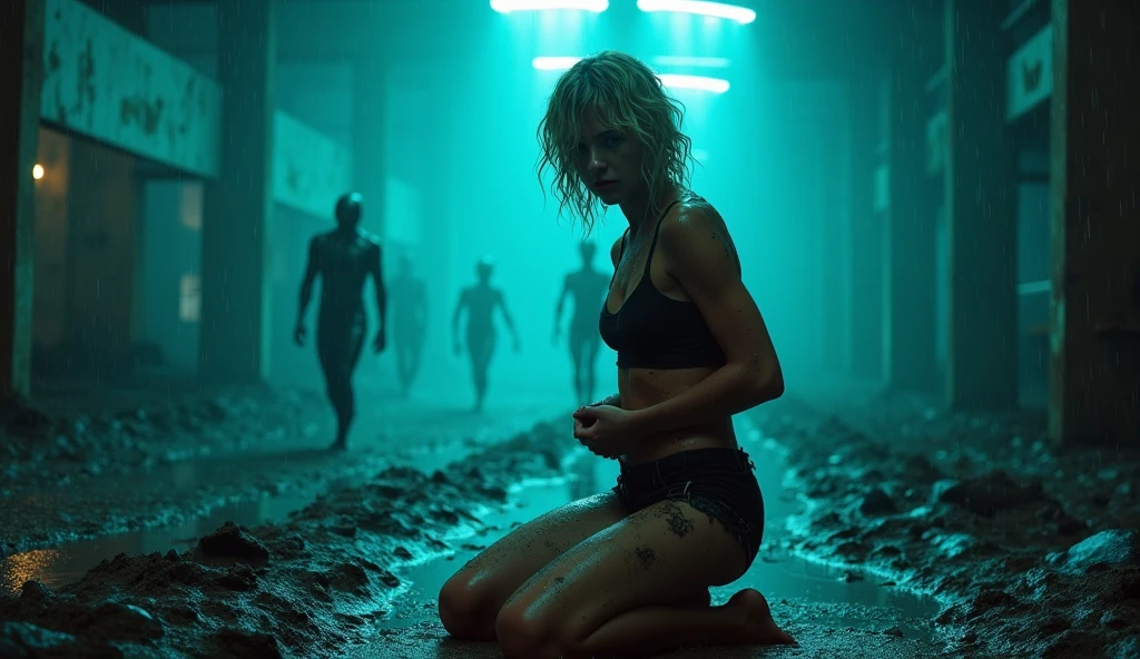 RAW, Nikon z 85mm, analog style, Award Winning Glamour Photograph gorgeous Russian woman, short Blond hair, fit, Adult Russian Goddess, Hyper-Detailed, Camouflage lingerie, Post Apocalyptic, Nuclear Armageddon, Fiery Cityscape background at night, gritty, grime, mushroom cloud, puffy nipples, erect nipples