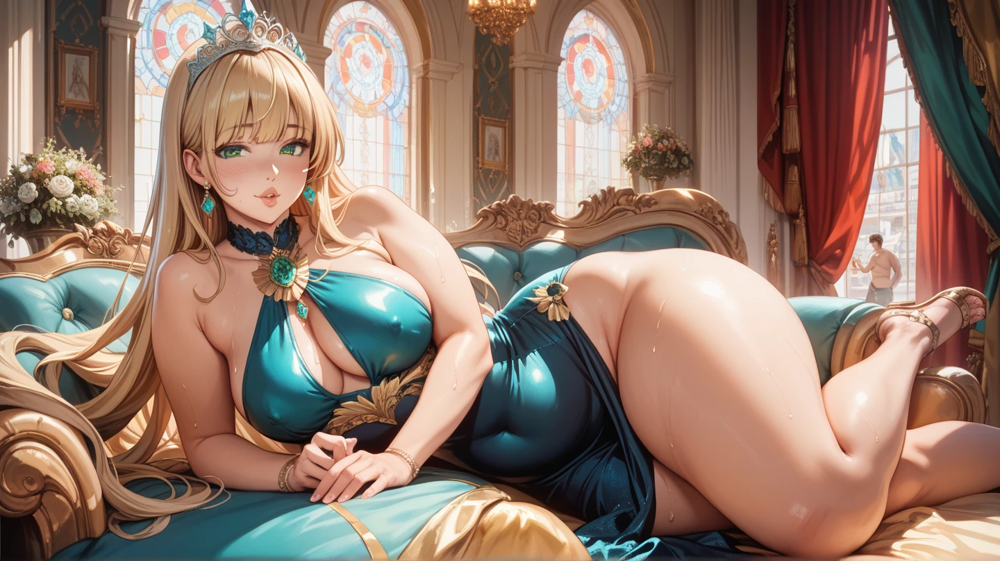 Blushing Cinderella in light lingerie and stockings in the palace, exposes her soft naked tits, lustful face