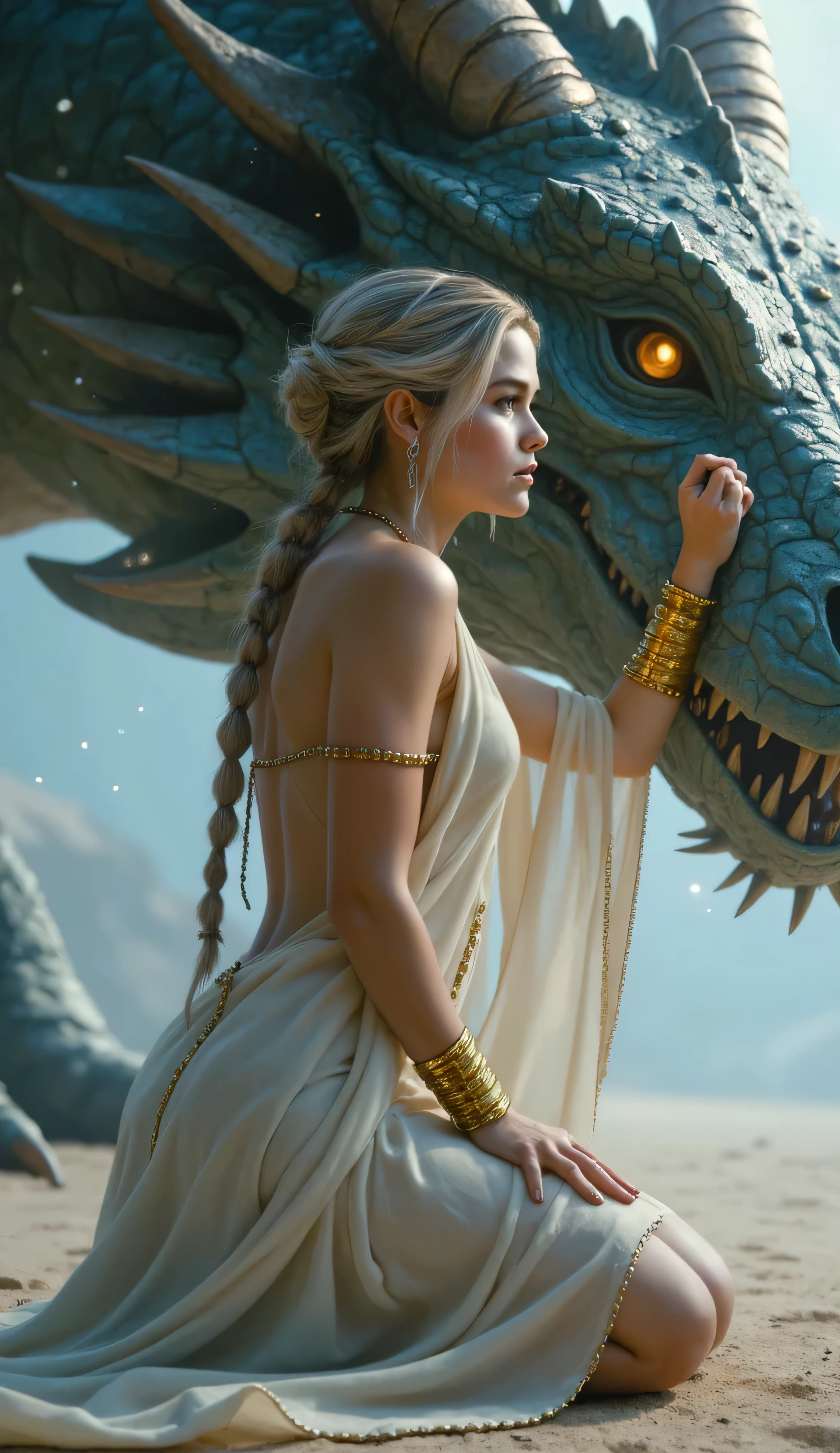 Sarah Catherine Hook as Daenerys Targaryen, detailed fantasy digital painting, side view, silver-haired woman, intricate braided hair, kneeling gracefully, beside massive dragon, flowing semi-translucent cream-colored dress, golden chains, arm bands, styled in ancient Greco-Roman fashion, exposed back, posed elegantly, one hand resting on the dragon's snout, dragon looms large behind her, scales, horns, glowing amber eye visible, dreamy and ethereal atmosphere, magical lighting, soft sky-blue tones, glowing particles in the air, beauty, strength, mysticism, high-resolution, semi-realistic fantasy art style, similar to high-end character concept illustrations