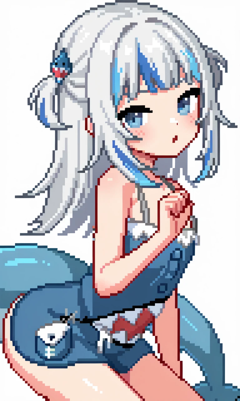 1girl, pixel_art, light_smile, medium_breasts, chibi, blue hair, pink , pixels